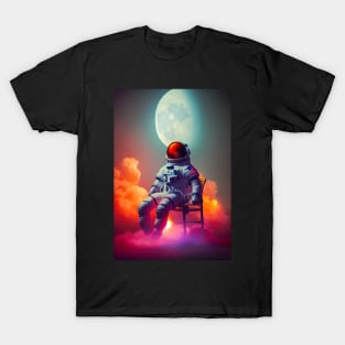 Astronaut sitting on a chair  with red clouds around in space with moon in the background T-Shirt